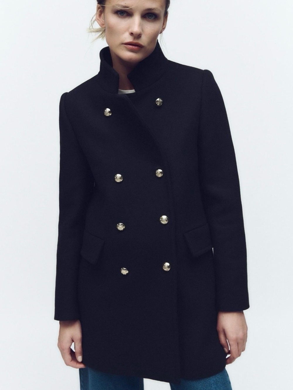 Zara Navy Wool Military Coat – Gold Buttons – Size S